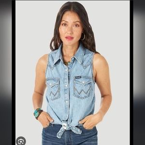 Wrangler Retro 75th Anniversary Sleeveless Denim Pearl Snap Tie Front Top XXL